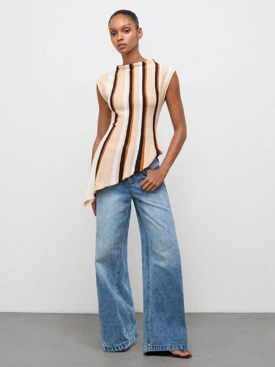 SHEIN Maija Women's Striped Stand Collar Cap Sleeve Fitted Asymmetric Hem Knit Top