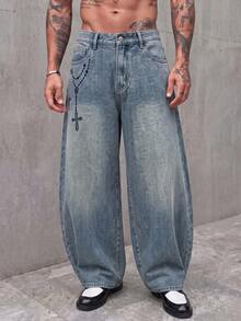 HIMLAND Men's Loose Fit Denim Jeans With Cross Pattern Print, Button And Pocket - Blue - View 3