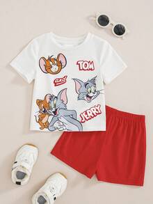 TOM & JERRY X SHEIN Baby Boy Cartoon Print Short Sleeve Crew Neck T-Shirt And Solid Color Shorts Set - Multicolor - View 1