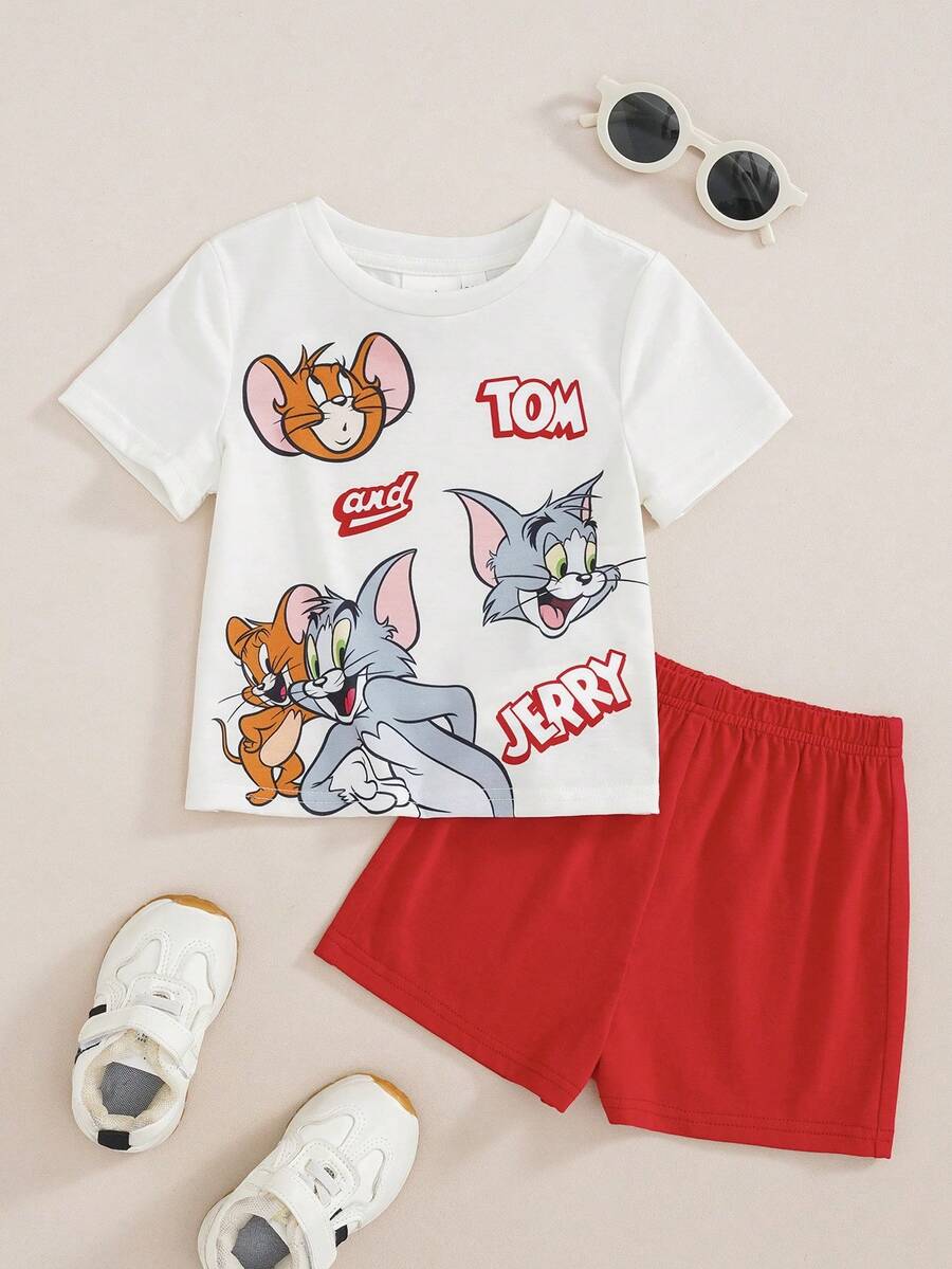 TOM & JERRY X SHEIN Baby Boy Cartoon Print Short Sleeve Crew Neck T-Shirt And Solid Color Shorts Set - Multicolor - View 1