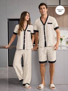 CoupledUp Men's Floral Print Patchwork Solid Color Contrast Short Sleeve Shorts Loungewear Set Lounge Home White Summer Baggy - Multicolor - View 3