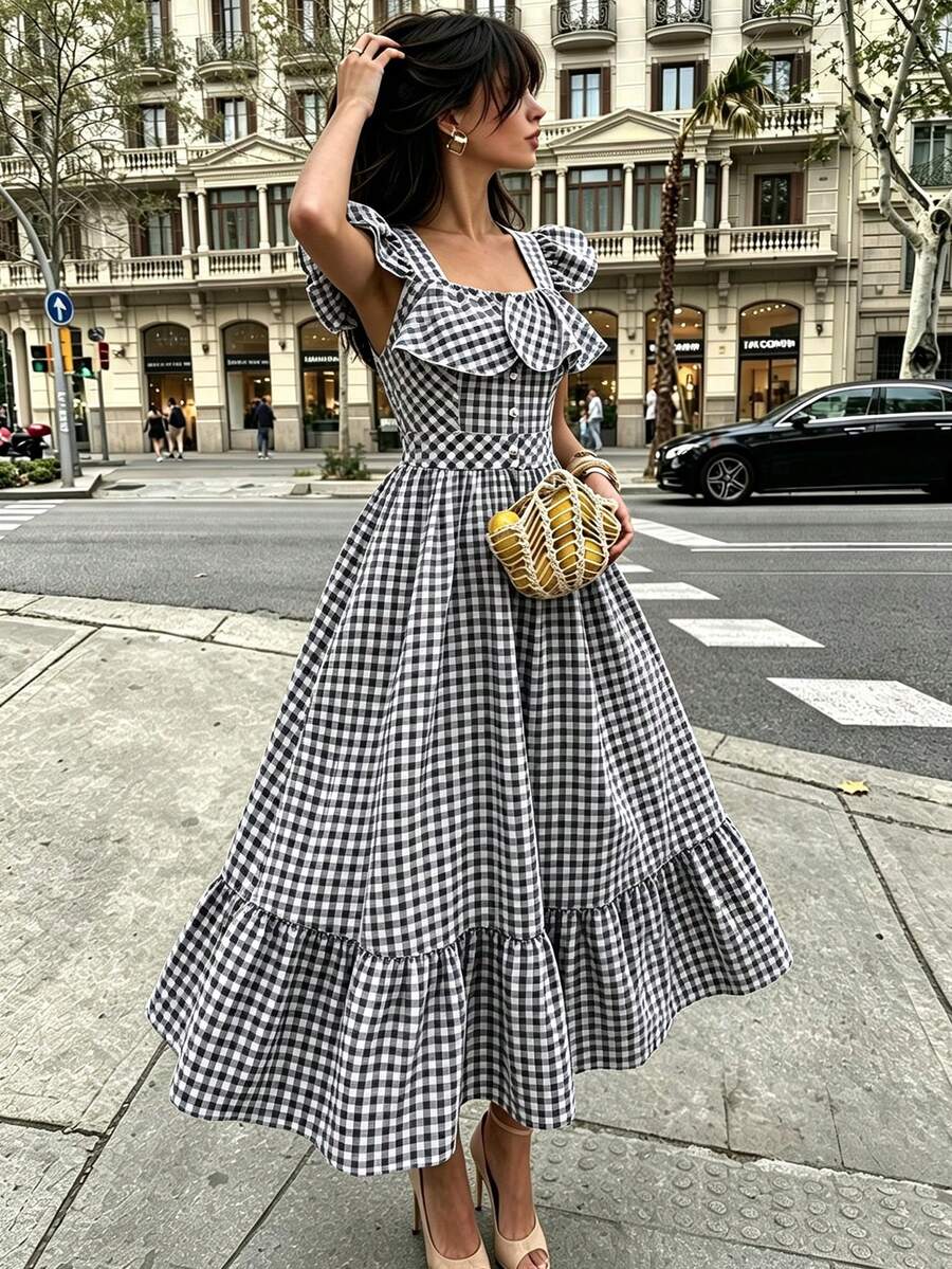 SHEIN PariChic 女款夏季格紋荷葉邊腰部鈕扣度假洋裝,成熟風格,適合辦公室與休閒穿著 - 黑與白 - 查看 1