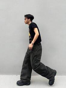 Manfinity EMRG 男士時尚純色寬鬆休閒牛仔褲 - 黑色 - 查看 6
