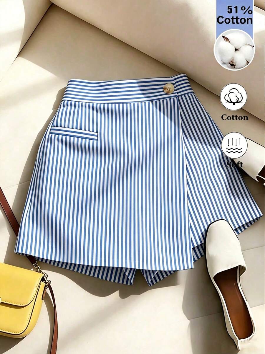 SHEIN Franclia 女款休閒通勤條紋包臀短褲,夏季 - 藍色 - 查看 1
