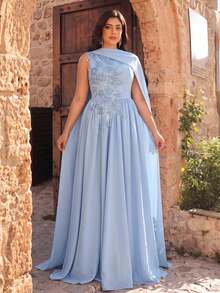 Aureia Vestido de noche elegante y romántico de talla grande, azul con lentejuelas, bordado, técnica de quemado, cuello redondo, sin mangas, cintura acampanada, bajo fruncido y holgado, adecuado para fiesta de noche, cita, baile, vacaciones, invitada de boda, vestido de gala con trabajo pesado - Celeste - Ver 3