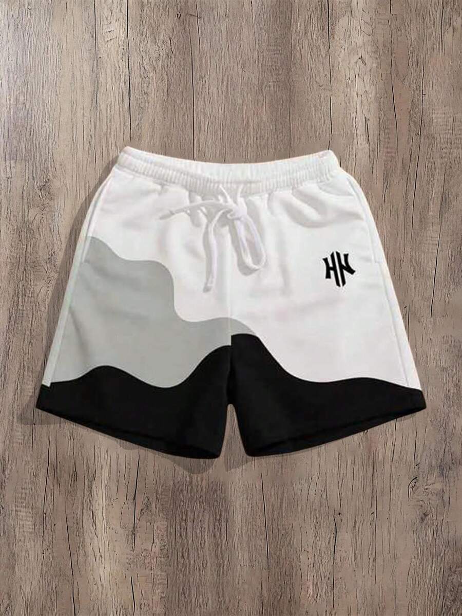 Manfinity Joysei Pantalones cortos casuales para hombre con estampado de letras, cintura con cordón y color de contraste, para vacaciones - Gris - Ver 1