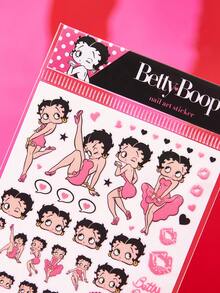 Betty Boop x SHEIN 復古卡通女孩貼紙組，Betty 風格美甲貼紙，適用於剪貼簿與 DIY 文具，粉色與黑色設計 - 彩色 - 查看 2