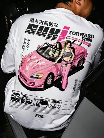 Street Life Herren Lässig T-Shirt mit Buchstaben- und Cartoon-Muster, Langarm, für den Alltag