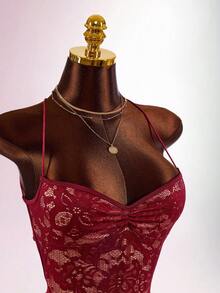 Amplova Ruched Lace Cup Backless Criss-Cross Tie Strap Dress - Burgundy - View 8