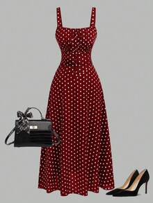 Auvina Plus Size Elegant Polka Dot Print Sleeveless Dress, Summer - Burgundy - View 3