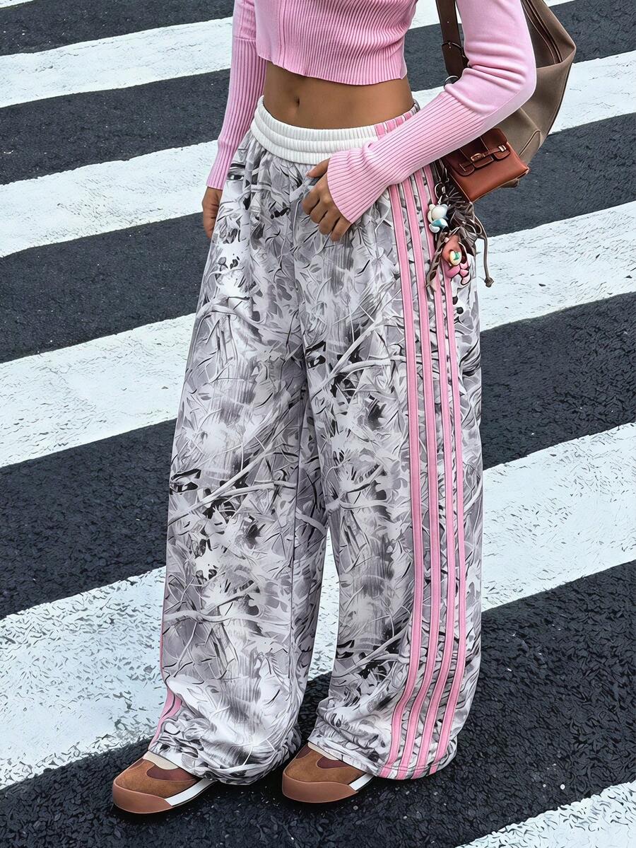 SHEIN 青少年女孩針織灰色乾葉印花拼接粉色緞帶運動長褲 - 淺灰色 - 查看 1