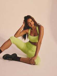 Aralina Leisurewear Active Wide Strap Halter Spring Summer Crop Racer Back Exercise Top Black - Light Yellow - View 7