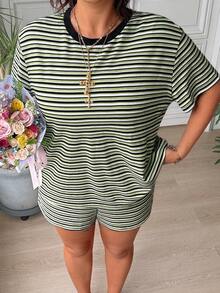 SHEIN EZwear Striped Plus Size Women's Loose Fit Round Neck Drop Shoulder Short Sleeve 2-Piece Set, Summer - Multicolor - View 5