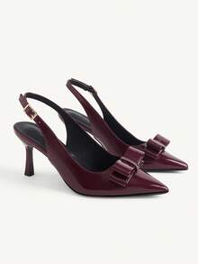 CUCCOO CHICEST 酒紅色尖頭細高跟圓頭雙層蝴蝶結女鞋 時尚性感 四季通勤日常百搭 - 酒紅色 - 查看 1
