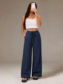 SHEIN Tall 女款夏季鄉村音樂節海灘穿搭，波希米亞極簡風水洗 100% 純棉白色弧形下擺長褲 - 藏蓝色 - 查看 4