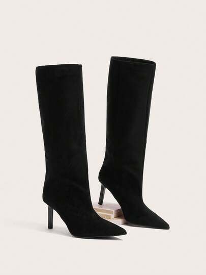 Enchnt Women's Fashionable Suede Pointed Toe Stiletto High Heel Slip-On Knee-High Boots, Brown, Khaki, Black, Elegant Party Western Style, Autumn/Winter,Sexy