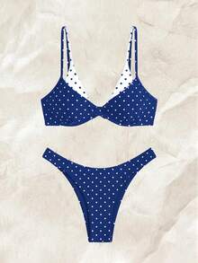 Bonvoyette Women's Summer Navy Blue Polka Dot Bikini Set,1940s Vintage Contrast Color Print Swimwear For Beach Party,Holiday,Birthday Parties,Y2K Style - Multicolor - View 3