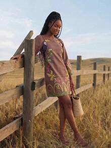 CAJUNI Vacation Casual Tropical Print Mini Dress - Brown - View 4