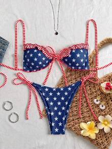 Swim Vcay New Spring/Summer Beach Pool Party Vacation Fashion Sexy Cute Polka Dot Print Ruffle Drawstring Thin Strap Bikini Two-Piece Swimsuit For Women - Multicolor - View 6
