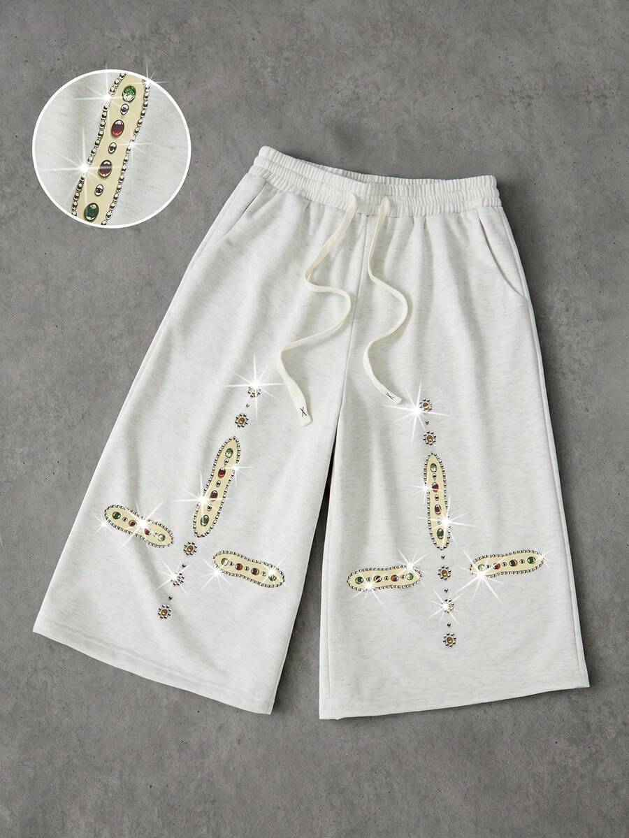 ROMWE MEN Street Life Men's Gray Casual Loose Mid-Length Sports Shorts, Decorated With 3D Rhinestones, Unhemmed Cuffs; Suitable For Daily Wear - Grey - View 1