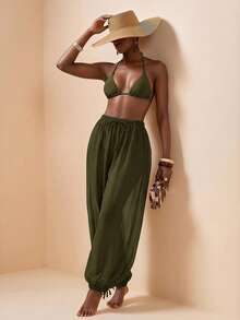 Zivah New Women's Vacation Casual Beach Pool Party Semi-Sheer Chiffon Fabric Elastic Waist Pants Cover-Up Bathing Suit Swimsuits - Army Green - View 7