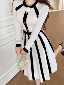 Feyla Women's 3D Floral Decor Colorblock Long Sleeve Top And Skirt Knit Set - Multicolor - View 3
