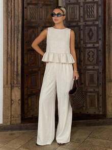 DAZY Women's Solid Color Ruffle Hem Sleeveless Top And Wide Leg Pants Casual 2 Pieces Set For Vacation Summer - White - View 7