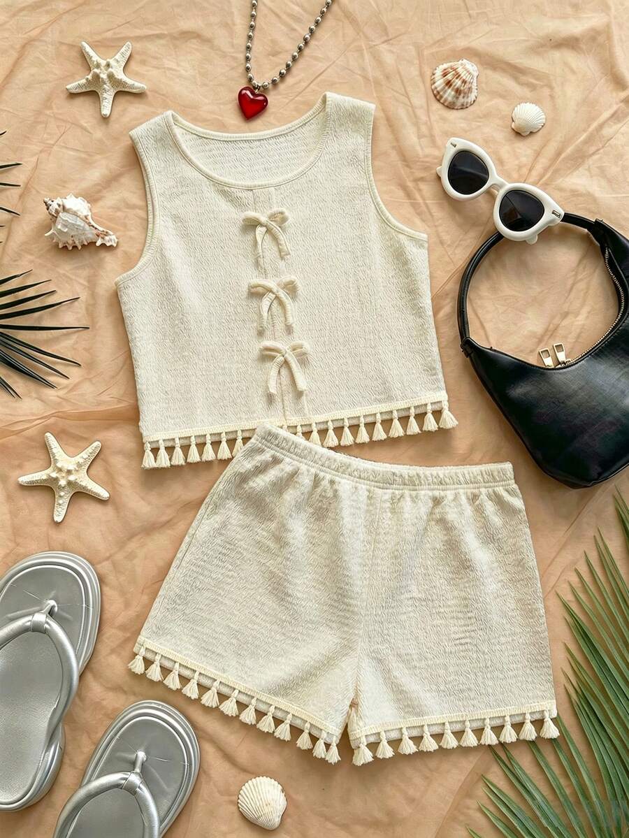 Sparklyn 2pcs/Set Striped Bow Sleeveless Crop Top+Ruffle Hem Shorts Set For Teenage Girls,Sweet & Spicy Style,Summer,Vacation,Holiday Party Outfits - Apricot - View 1