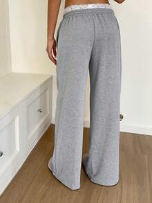 SHEIN EZwear 女款蕾絲飾邊抽繩腰休閒百搭日常穿著長褲 - 淺灰色 - 查看 2