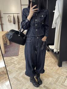 DAZY Women's Waist-Cinching Long Sleeve Denim Jacket And Loose Long Pants Casual Streetwear Denim Set Autumn Everyday Navy Blue - Dark Wash - View 3