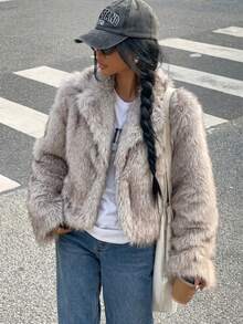 SHEIN EZwear 蓬鬆領短版夾克 秋冬日常外出夜生活 淺灰色休閒款 - 淺灰色 - 查看 3