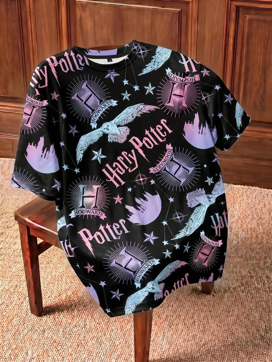 HARRY POTTER X SHEIN 大码女式字母印花圆领短袖休闲T恤 - 白色 - 查看 1