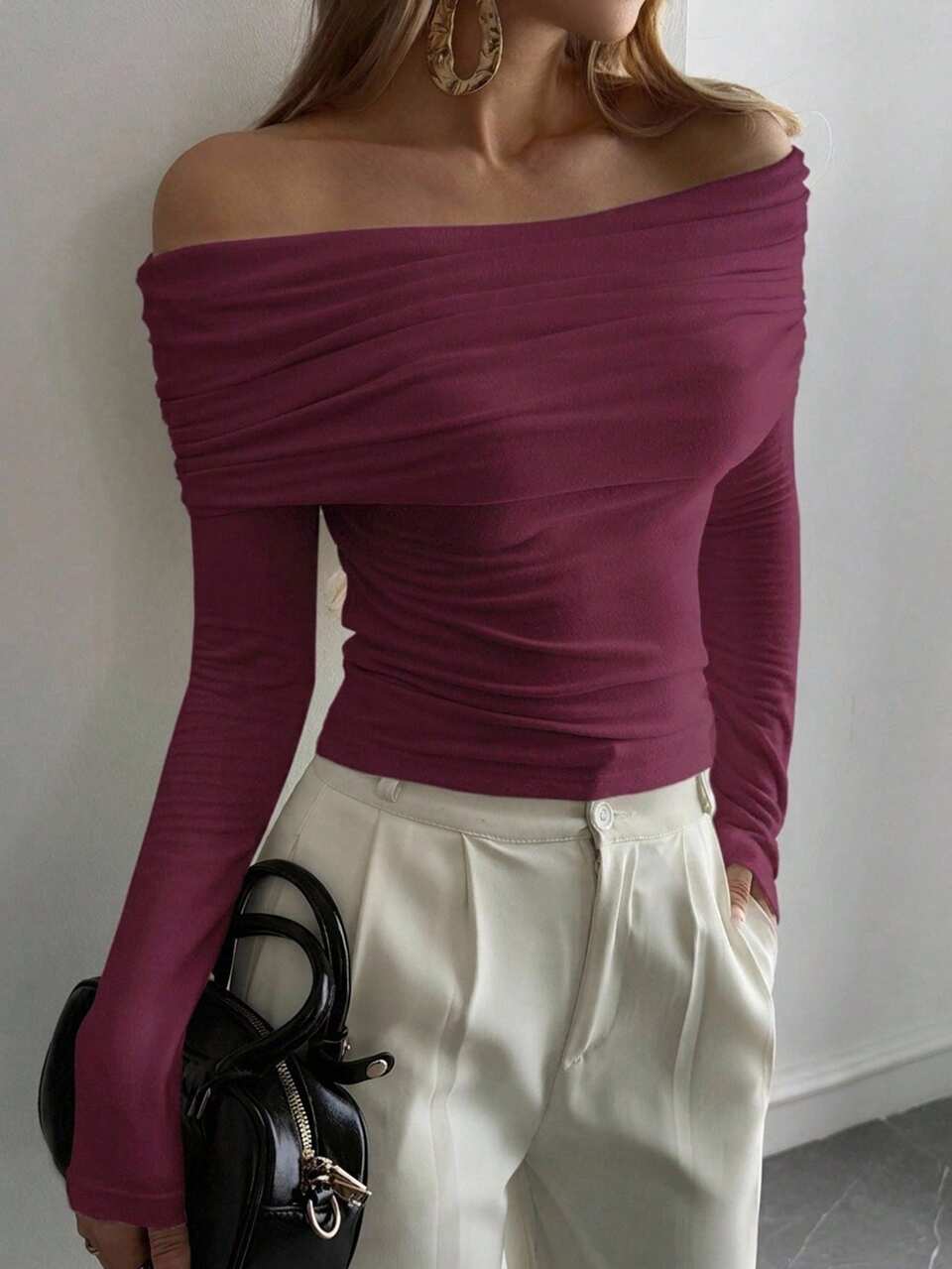 Women's Off-Shoulder Long Sleeve Slim Fit Burgundy Ruched Stacked Solid Color Elastic Knit Fabric T-Shirt