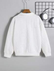 SHEIN 男童紋理布料長袖 Polo 領秋季衛衣，時尚舒適百搭，適合校園與街頭穿搭 - 白色 - 查看 2