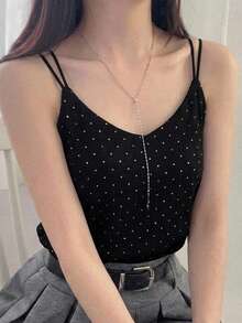 DAZY 波點印花時尚法式細肩帶背心上衣，適合度假與約會，夏季穿搭 - 黑色 - 查看 6