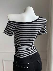 Comfortcana Women's Striped Asymmetric Neck Casual Versatile Daily Wear T-Shirt - Dark Grey - View 2
