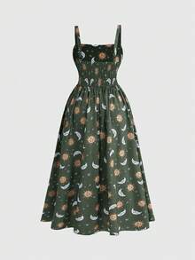 ROMWE Hippie Fairycore Vintage Mori Style Sun Moon Star Print Plus Size Black Dress, Women's Long Dress - Green - View 2