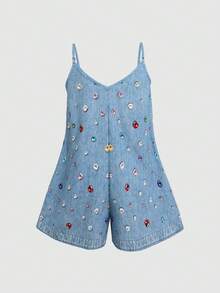 SHEIN 兒童青少年女孩休閒度假時尚街頭風丹寧感多巴胺彩色鑽石印花梭織純色寬鬆細肩帶連身褲 藍色 - 藍色 - 查看 3