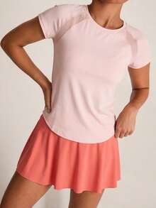 SHEIN BAE Activina Women Solid Color Round Neck Raglan Sleeve Short Sleeve Sports T-Shirt Gym Shirts - Pink - View 2