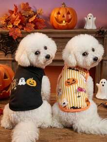 2pcs Pet Cat Dog Universal Halloween Striped Pumpkin Ghost Cartoon Pattern Printed Fashionable, Breathable And Comfortable Dog Vest, PETSIN Original Design - Multicolor - View 2
