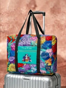Frida Kahlo X SHEIN Frida 花卉可折疊旅行托特包，聚酯纖維行李套筒附手把，大容量旅行與購物手提袋，送給藝術與旅行愛好者的禮物 - 深湖水藍 - 查看 2
