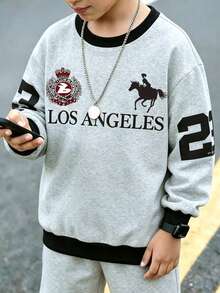 (1件) 男童時尚簡約休閒 Pony Los Angeles Badge 23 灰黑拼接圖案基本款圓領衛衣 秋季 - 彩色 - 查看 4