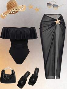 SHEIN Swim Setelan 2 Potong Wanita untuk Liburan Pantai Musim Semi/Panas, Seksi, Liburan Tropis, Pesta Tepi Laut, Gaun Maxi Satu Potong dengan Belahan dan Tali Bahu Tipis, Warna Hitam - Hitam - View 2