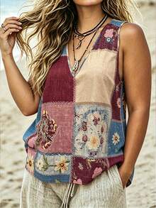 Linhara CURVE Débardeur décontracté à col en V avec imprimé floral pour femmes grande taille, été - Multicolore - Voir 5
