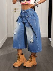 Slaydiva Women's Casual Daily Wear Denim Jeans With Pocket, Button And Distressed Design - Blue - View 4