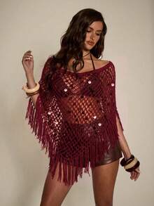 SHEIN BAE 性感鏤空時尚百搭修身多穿法亮片流蘇披肩，海灘度假風 - 酒紅色 - 查看 4