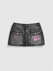 ROMWE Y2K Plus Size Millennium Pink Crown & Bow Embroidered Pattern Vintage Spring/Summer Slimming High Elasticity Denim Mini Skirt (Includes Lining & Built-In Leggings) - Black - View 1