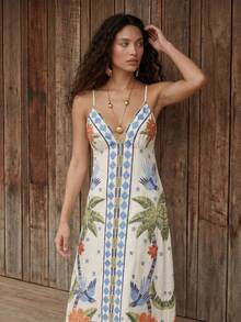 CAJUNI Women's Coconut Tree & Bird Print Casual Vacation Travel Spaghetti Strap Dress - Multicolor - View 5