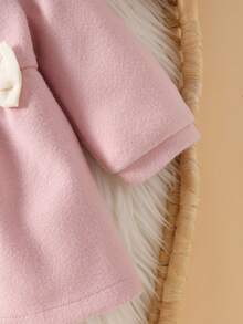 SHEIN Newborn Baby Girls Petal Collar Dress Cute Sweet Pink Bow Decor Pearl Buttons Long Sleeve Round Neck Thick First Birthday Fall Cozy Princess Solid - Pink - View 9