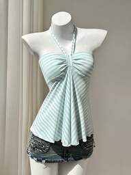 Elamini Women's Gray Striped Casual Sleeveless Halter Top, Versatile New Style, Spring/Autumn